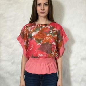 Orange sheer floral blouse small